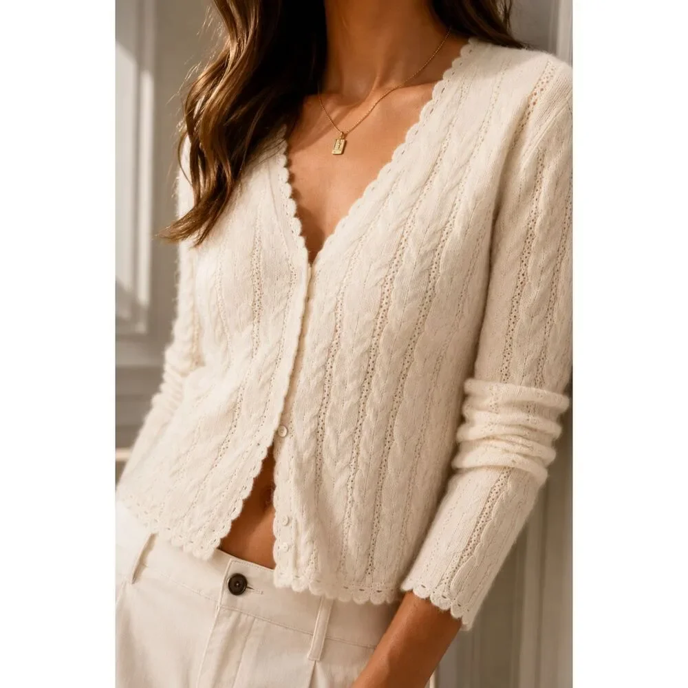 House of Harlow 1960 Women L Cashmere Cable Knit Cardigan Ivory Crochet Trim